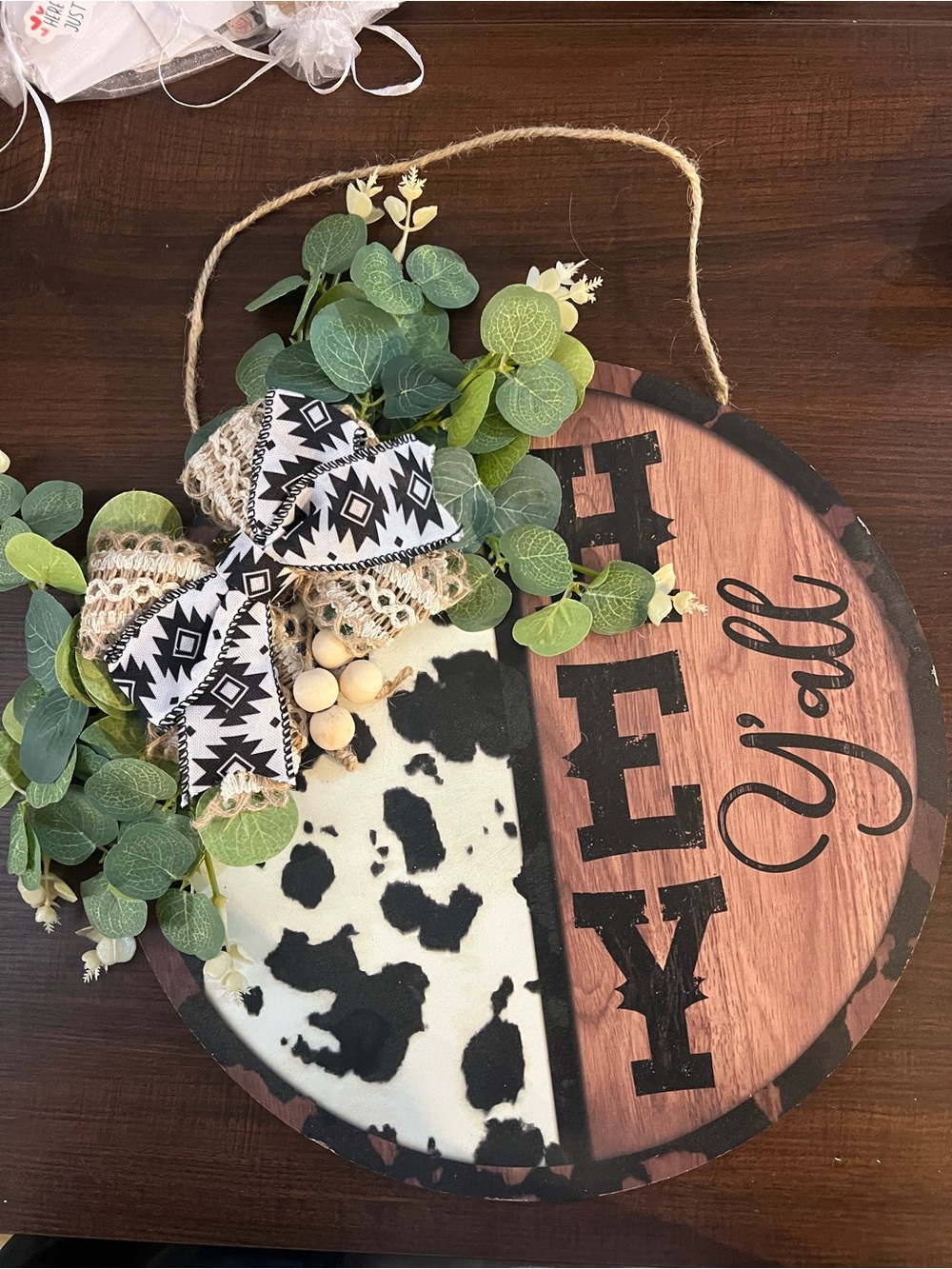 “Hey Yall” cow and Aztec wooden wall decor #843